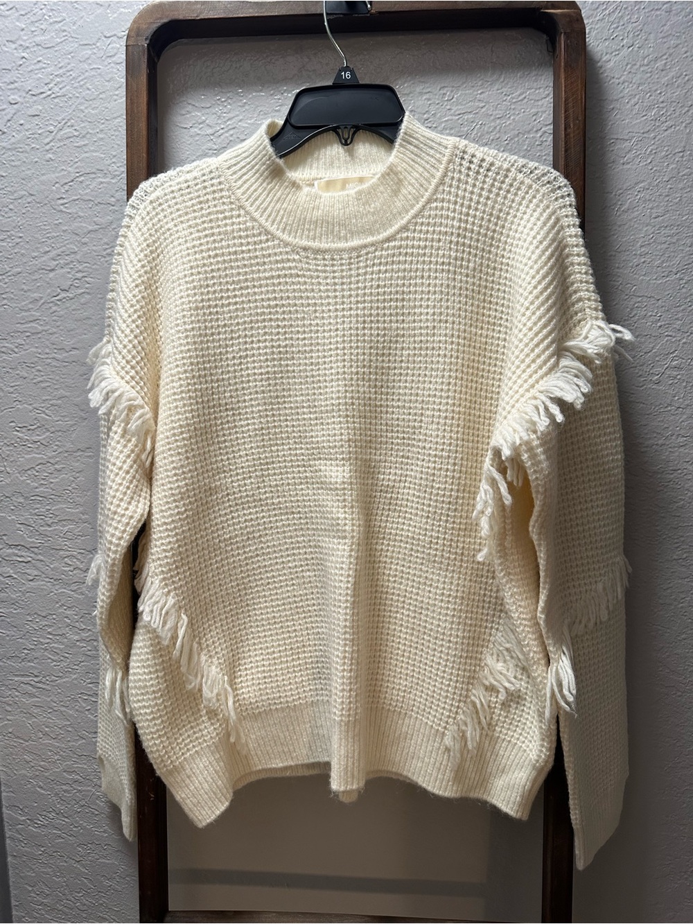 MICHAEL Michael Kors Cream Fringe Waffle Knit Turtleneck Sweater